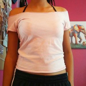 Off the shoulder white and pink stripped shirt